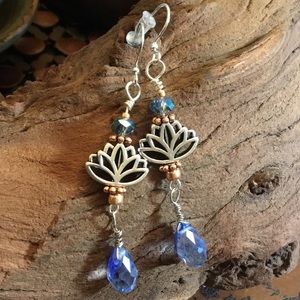 Silver Lotus & Blue Crystal Dangle Earrings